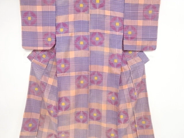 80611# Japanese Kimono / Antique Kimono / Meisen / Woven Grid & Flower