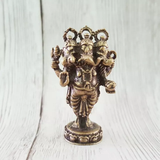 Ganesh 3 Heads 4 Hands Statue Ganpati Elephant Shiva Son Gold Brass Hindu God 1"