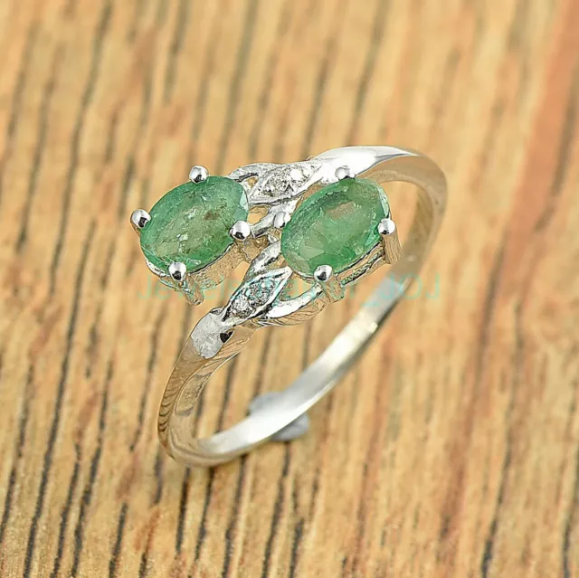 925 Sterling Silver Oval Cut Emerald Diamond Gemstone Ring Jewelry Size US 4-8