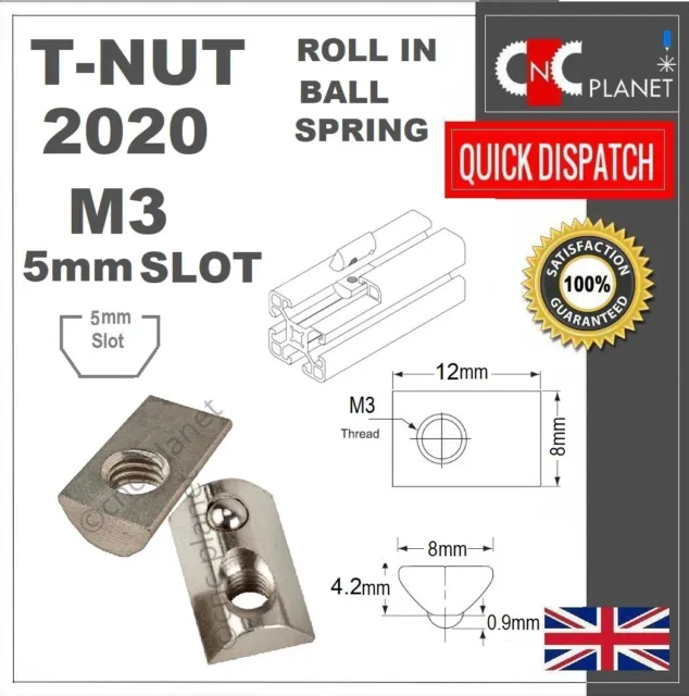 T Muttern 5mm Schlitz 5 M3 Kugelfeder Schiebe Drop in Aluminium Extrusion 2020 Profil