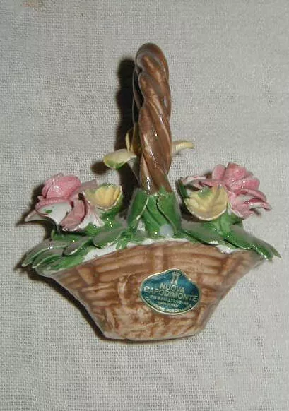 Vintage Nuova Capodimone Small Flower Basket Figurine, Italian Art Pottery