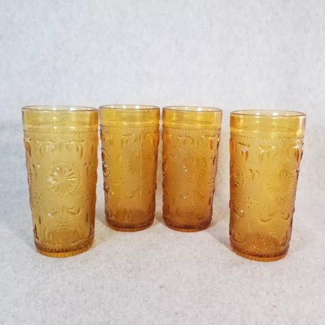 Brockway Amber Drinking Glasses American Concord Pattern 10oz  Set of 4 Vintage