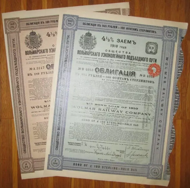 RUSSIA Wolmar Railway Company - Lot of 2 Bonds - £20 and £100 - Riga 1910