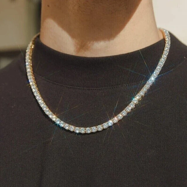 20CTW Round Cut Moissanite Men's Tennis Chain Necklace 14K Yellow Gold Plated