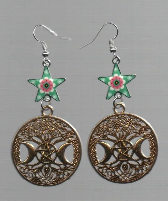 Earrings - Gold Moon & Star Medallion & Blue Star Charm Hook Dangle - Homemade.