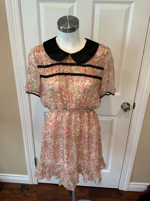 L'ecole Des Femmes Tan Silk Floral Print Mini Dress w/ Peter Pan Collar, Size 10