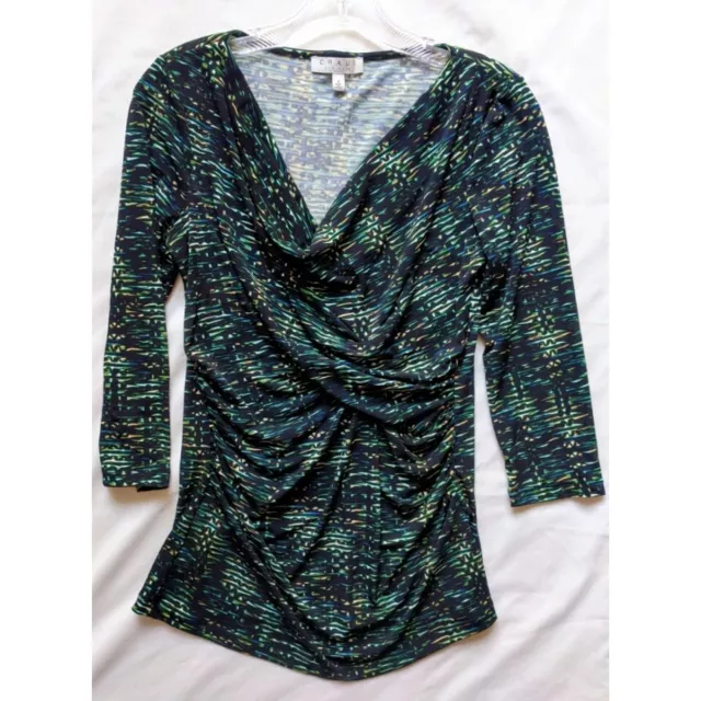 Chaus NY Digital Print Green/Gold/Black Drape/Cowl Neck Top S