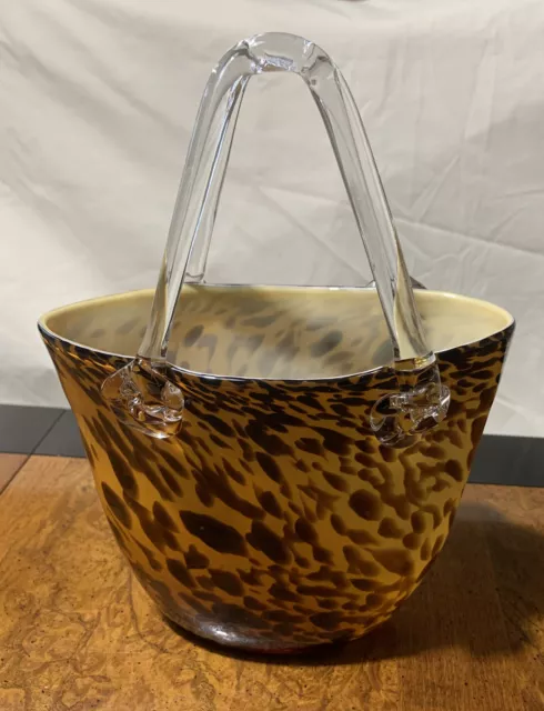 Murano Style Hand Blown Art Glass Purse Hand Bag Brown With Handles Vase 9" Tall
