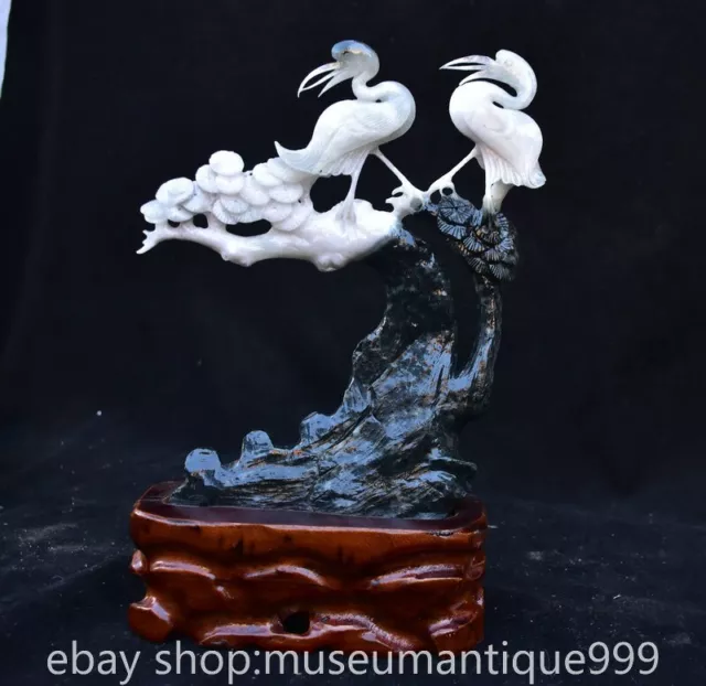 9.4" Chinese Natural Dushan Jade Carving Flower crane Statue Sculpture