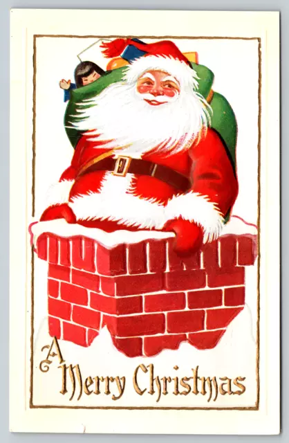 c1910s Merry Christmas Santa Claus Embossed Chimney Vintage Postcard