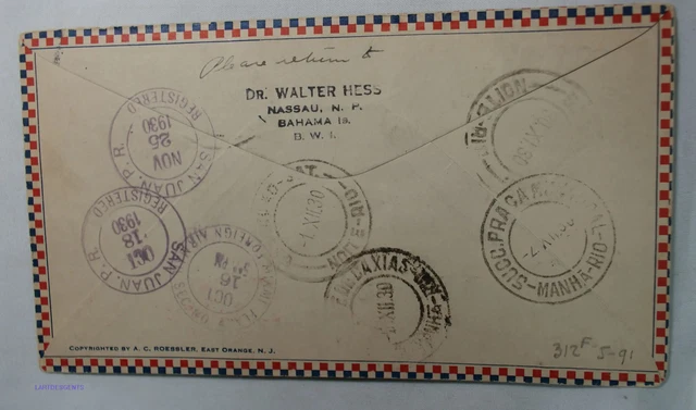 Html Cover (FR1) 1930, NASSAU, Bahamas premier vol airmail cover FFC à Miami Fl ...