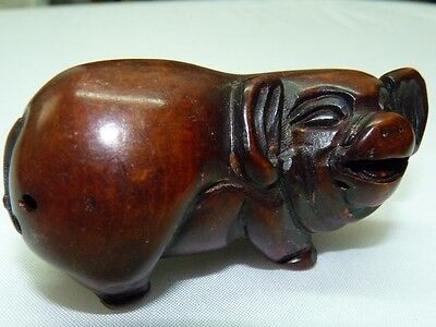 Vintage Japanese Detailed Hand-Carved Wooden Netsuke Fat Laughing Pig, L 7.5 cm