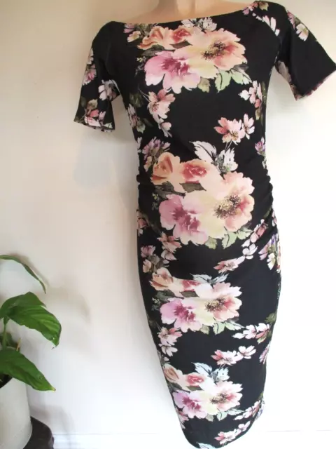 Boohoo Maternity & Nursing Black Floral Bardot  Bodycon Dress Size 12