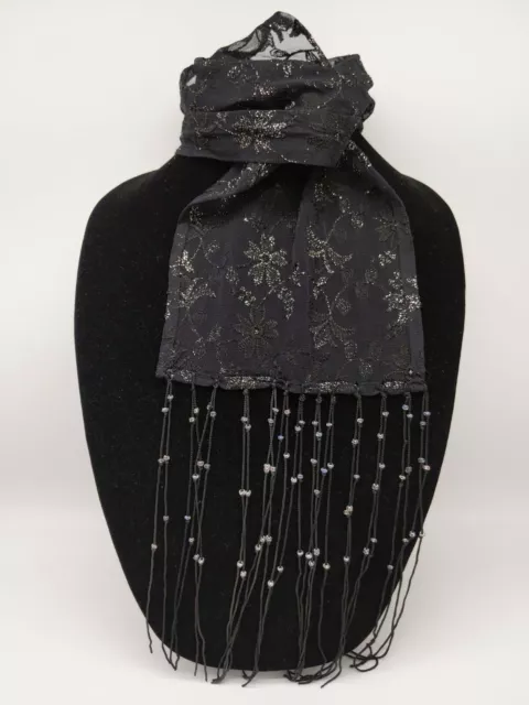 COLLECTION XIIX 18 Silver Black & Grey 86" Floral Lace Scarf w/ Beaded Fringe