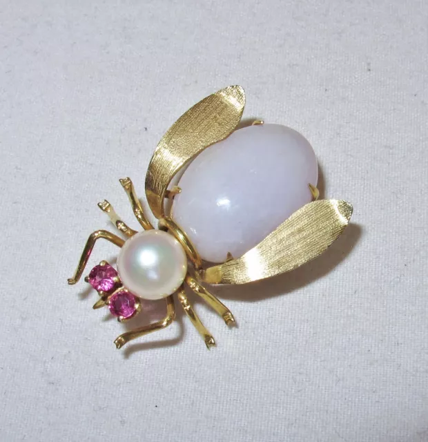 1.2" Vintage Chinese 14K Yellow Gold White JADEITE, Pearl & Ruby BEE Brooch