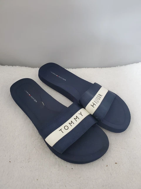 Tommy Hilfiger Womens Slide Sandals 7-8 Navy Blue White Logo Slip On