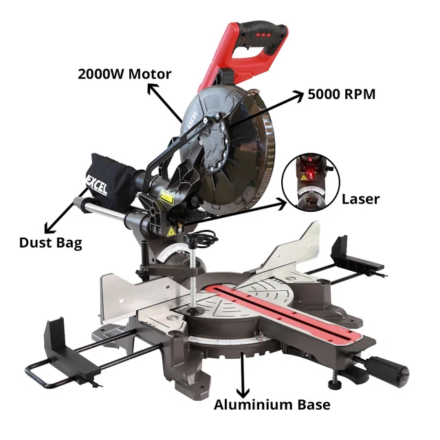 Excel Mitre Saw 10" Compound Sliding 255mm 2000W Double Bevel Cut Laser Blade