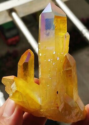 146g  Angel Yellow Aura Quartz Crystal Bismuth Titanium Silicon Point Healing