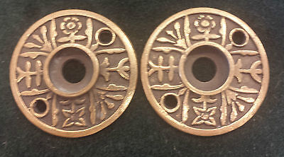 Pair Antique Brass Door Knob Backplates Escutcheons Floral pattern (BR549)