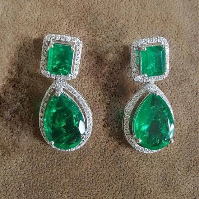 Lab Created Emerald 4Ct Pear Cut Halo Drop Dangle Earrings 14K White Gold Plated