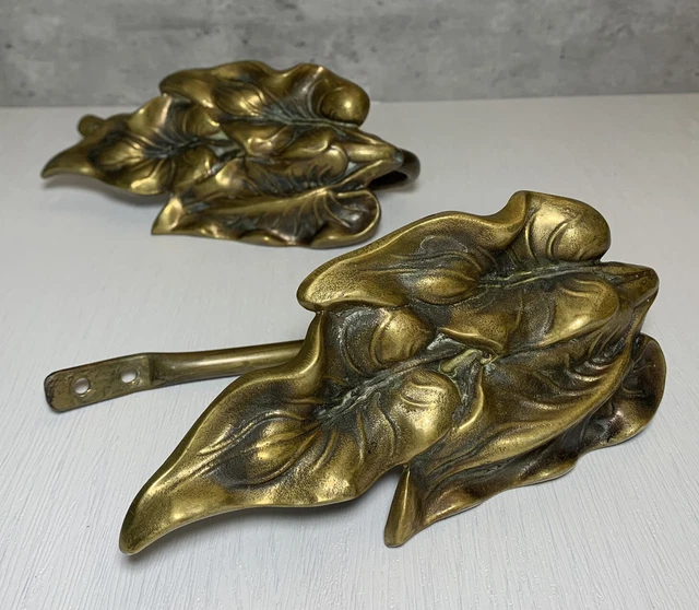 Pair of Vintage Art Deco Solid Brass Leaves Motif Curtain Ties 8" (1/2)