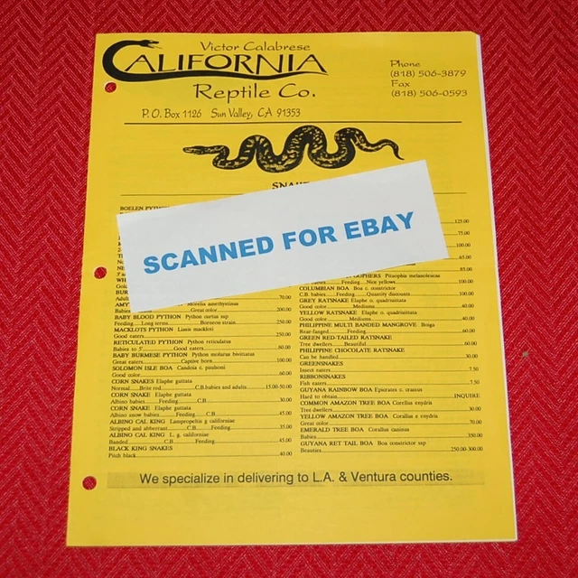 VINTAGE ORIGINAL 1991 Reptile Price List California Reptile Co. Victor