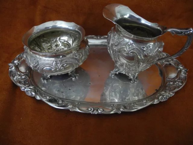 Antique 800 Repousse Silver Germany 3 Pieces Sugar,  Creamer, & Tray