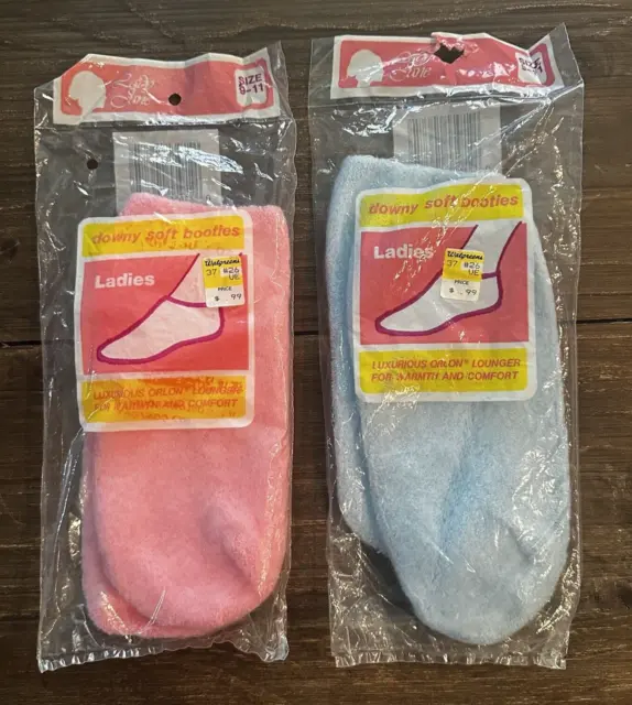 Vintage Orlon Acrylic Fuzzy Bootie Socks Blue Pink Lot Of 2 Walgreens Lady Jane