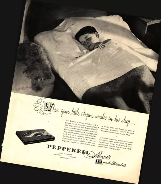 1947 Pepperell Sheets Blankets Boy Sleeping Bed Smile Vintage Print Ad d1