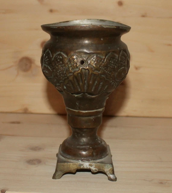 Antique hand made ornate floral bronze pedestal cup vase