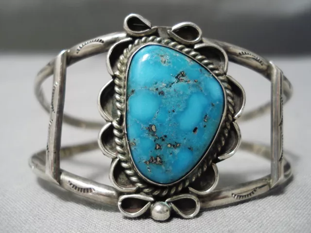 Vivid And Deep Blue Turquoise Vintage Navajo Sterling Silver Bracelet Old