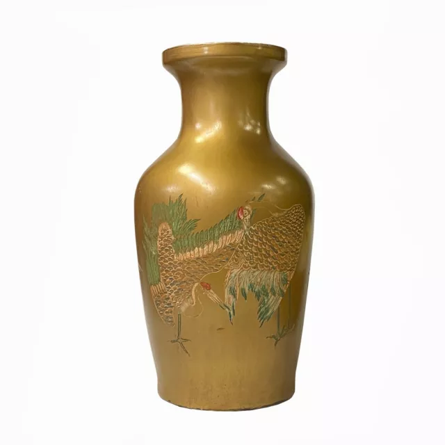 Vintage Handmade Chinese Matte Gold Paint Cranes Motif Vase ws1847S Vintage Handmade Chinese Matte Gold Paint Cranes Motif Vase ws1847S