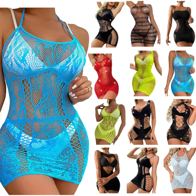 Abito donna sexy rete da pesce lingerie mini abito body lingerie bodycon biancheria notturna 2