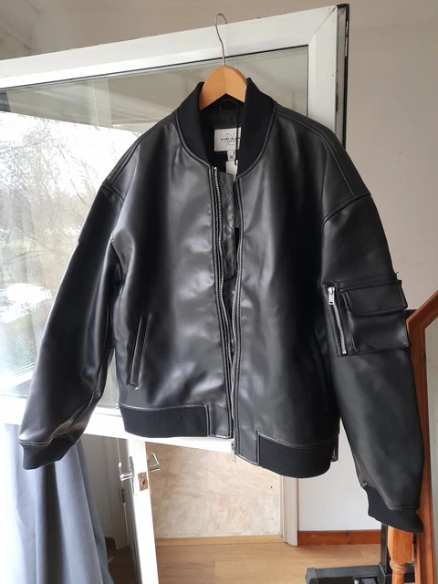 Giacca bomber River Island uomo grande nera finta pelle topman zara h&m nuova con etichette