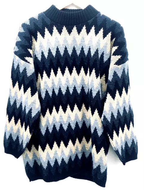 Vintage Private Eyes Sweater Large ? Zig Zag Adele Knit Mock Neck Blue Boxy