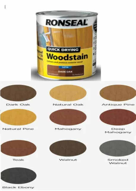 Ronseal Quick Dry Woodstain Satin Rainproof Wood Preserver All Sizes All Colours