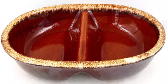 Hull Pottery HP Co Casserole Oval Divided Serving Dish Brown Drip Glaze Vtg USA