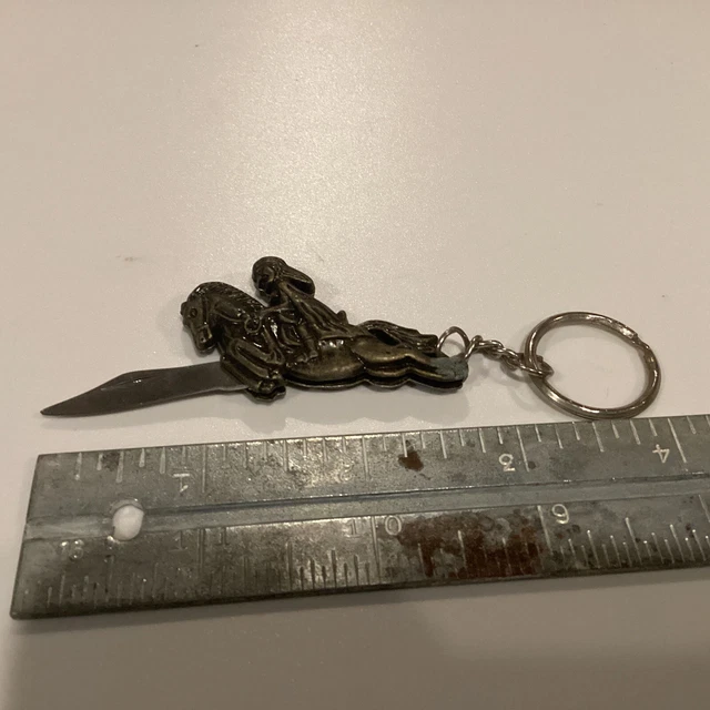 Vintage Lady Riding Horse Pocket Knife Keychain Key Ring Chain Fob Hangtag