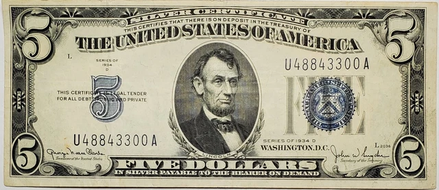 1934 D Five Dollars Silver Certificate United States U48843300A Blue Seal $5