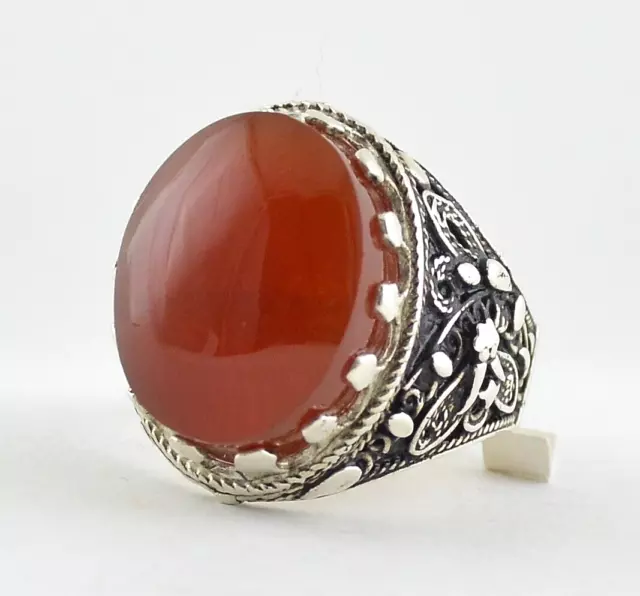 Yemeni Clear Bloody Red Aqeeq Agate Islamic Silver Mens Ring Real Aqiq خاتم عقيق