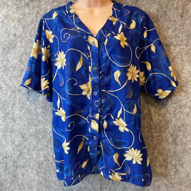 Camicia vintage senza marchio anni '70 blu floreale blu taglia 16-18 top a maniche corte