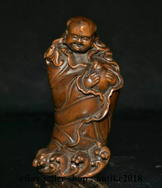 3.6" Old Chinese Boxwood Carving Feng Shui Liu Hai plays Golden Toad Sculpture