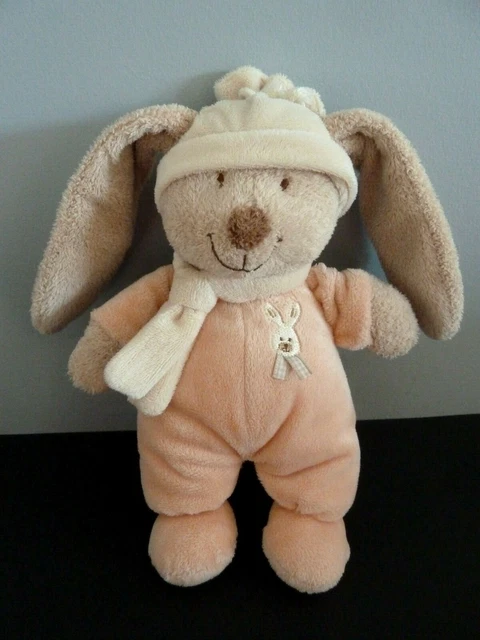 *. DOUDOU PELUCHE ORCHESTRA LAPIN ORANGE BEIGE BONNET ECHARPE ECRU 22c ETAT NEUF