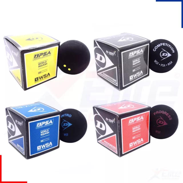 Dunlop Pro Squash Balls Double Dot Yellow, Intro Blue, Red Progress, Competition