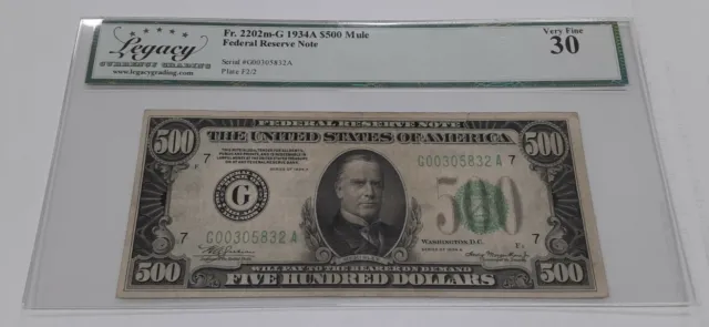 1934-A $500 Five Hundred Dollar Bill *Mule* FRN Fr. 2202m-G Legacy VF-30