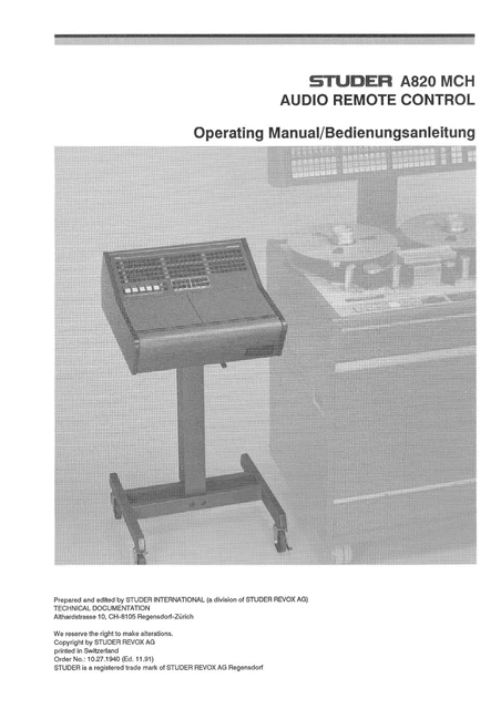 Manuel D'Utilisation Et Service Studer A812 – Original – Occasion