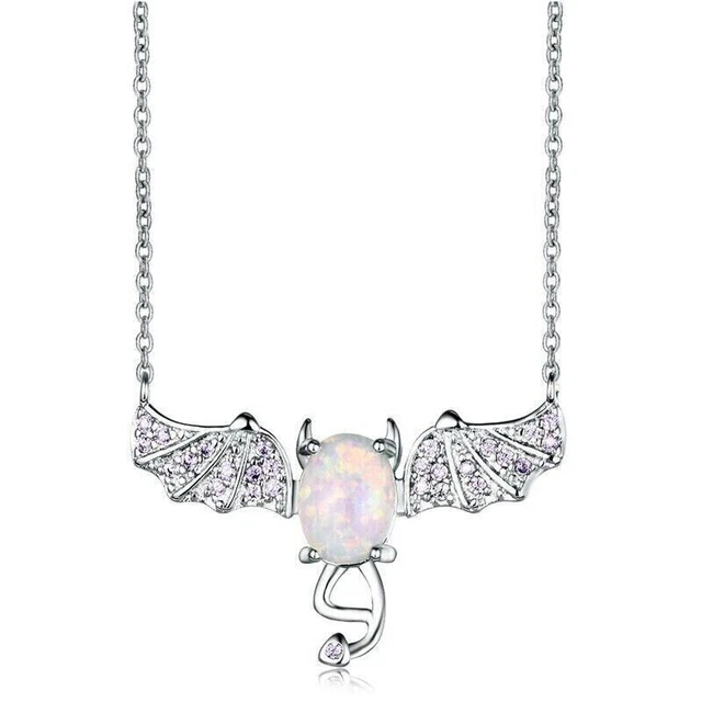 2Ct Oval Cut CZ Fire Opal Bat Pendant 14k White Gold Plated 18'' Free Chain