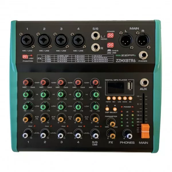 Mixer compatto ZZIPP ZZMXBTR6 a 6 canali per DJ con multieffetto DSP