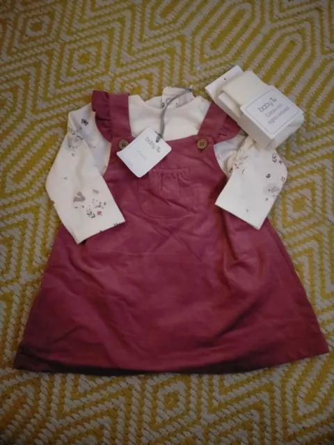 TU Baby Girls 3 Piece Berry Pink Pinafore Dress Bodysuit Tights Set 0-3 Months