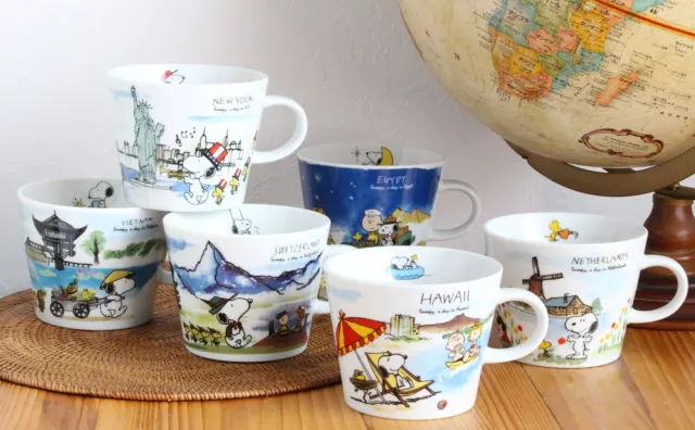 Snoopy PEANUTS World Travel Mug Set of 4 Netherland Hawaii Switzerland NY